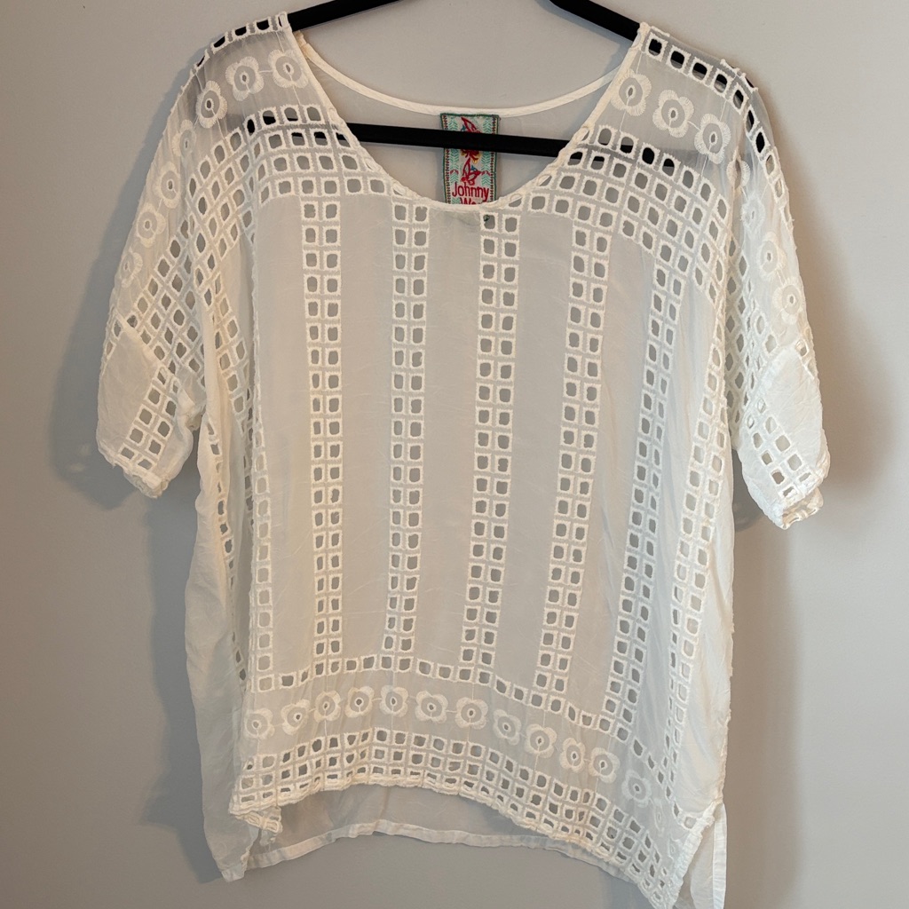 Johnny Was White Eyelet Patterned Top Xs